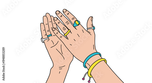 Close up illustration of human hands wearing multiple colorful rings and bracelets in a stylish and trendy fashion.