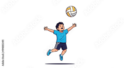 Active young boy in a blue t-shirt jumping to hit a volleyball in the air during a game or sports training session.