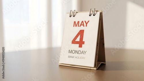Desk calendar showing May 4th Monday bank holiday with soft natural light