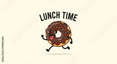 Cute cartoon character of a chocolate donut with colorful sprinkles running happily under the text lunch time.