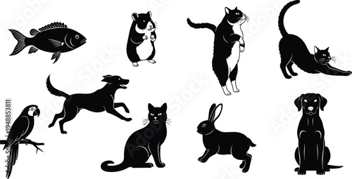 Animal silhouette collection featuring fish hamster cats dog rabbit and parrot in different poses isolated on white background wildlife and pet concept