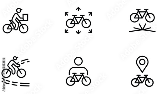 Cycling activity and bicycle movement line icons with rider directions route and cycling actions