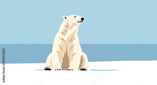 Majestic polar bear sitting calmly on the ice against a clear blue sky and ocean background in the arctic wilderness.
