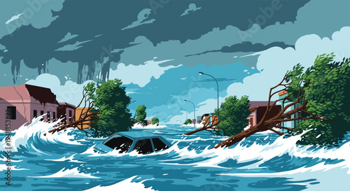 Dramatic scene of a coastal city experiencing severe flooding and high waves during a powerful hurricane with storm clouds.