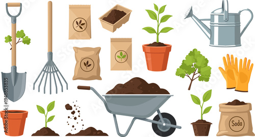 Gardening Tools and Plant Care Icon Set with Shovels, Pots, Soil, Watering Can, Gloves, and Seed Bags for Gardeners