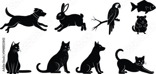 Animal silhouette set with dog rabbit parrot fish hamster and different cat poses isolated on white background pet and wildlife concept