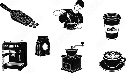 Coffee barista and coffee equipment silhouette set with beans grinder espresso machine latte art and takeaway cup isolated on white background