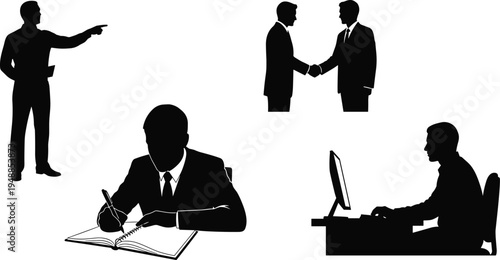 Business professional silhouettes showing presentation handshake office desk work and writing tasks representing corporate teamwork communication and modern workplace activities