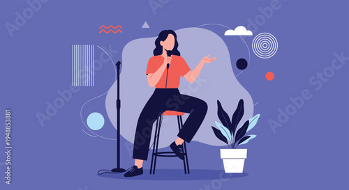 Confident woman holding a microphone while sitting on a stool and performing a stand up comedy show on a purple stage.