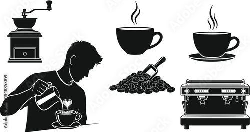 Coffee culture silhouette set with barista pouring latte coffee beans grinder espresso machine and hot cups isolated on white background