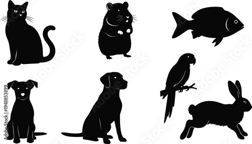 Collection of animal and pet silhouettes including cat, dog, rabbit, parrot, hamster and fish icons for wildlife and domestic animal design