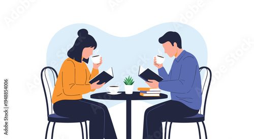 Young man and woman sitting at a cafe table reading books and enjoying a hot cup of coffee in a relaxed atmosphere.