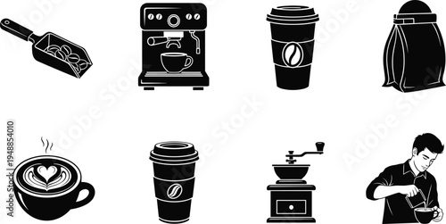 Collection of coffee and cafe silhouettes including espresso machine, takeaway cups, coffee beans scoop, grinder, barista making coffee and latte cup icons set