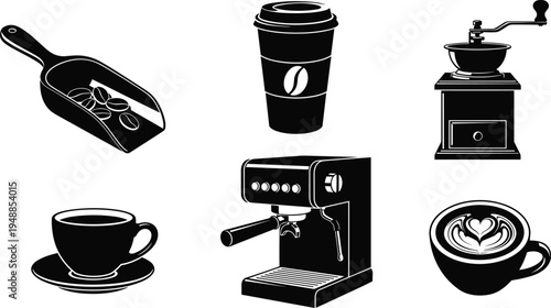 Collection of coffee cafe silhouettes including coffee beans scoop, takeaway cup, espresso machine, grinder, latte art cup and hot coffee mug icons