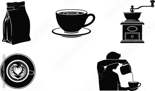 Collection of coffee cafe silhouettes including coffee cup, grinder, latte art, coffee bag and barista pouring coffee icons