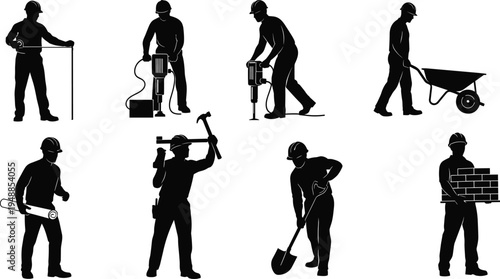 Collection of construction worker silhouettes performing building tasks including drilling, hammering, digging, carrying bricks and pushing wheelbarrow for construction industry design