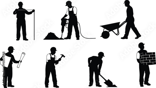 Collection of construction worker silhouettes performing building tasks including drilling, measuring, digging, carrying bricks and pushing wheelbarrow, construction industry vector set