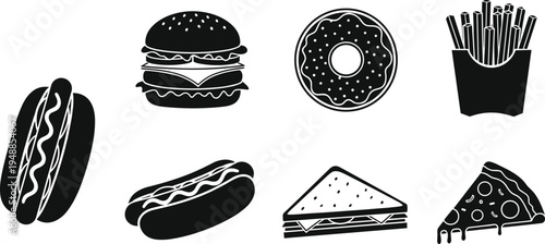 Collection of fast food silhouettes including burger, hot dog, donut, french fries, pizza slice and sandwich icons for restaurant menu design