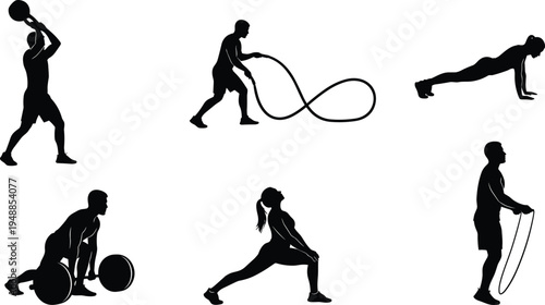 Collection of fitness workout silhouettes with athletes performing battle rope, jump rope, push ups, lunges and medicine ball exercises