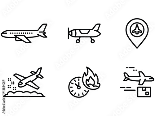 Minimal aviation and flight travel line icons with airplane landing takeoff location and flight timer symbols