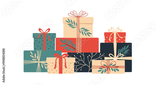 Large stack of beautifully wrapped gift boxes in various sizes and colors decorated with ribbons and botanical motifs.