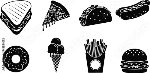 Collection of fast food silhouettes including sandwich, pizza slice, taco, hot dog, donut, ice cream, fries and burger icons