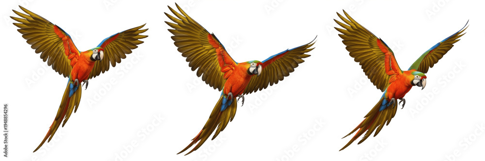 Fototapeta premium Set of three scarlet macaws flying in group isolated on white background