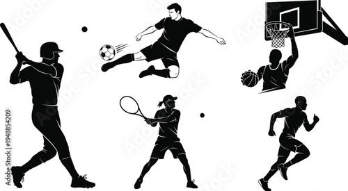 Collection of sports player silhouettes including baseball batter, soccer kick, basketball dunk, tennis swing and running athlete poses