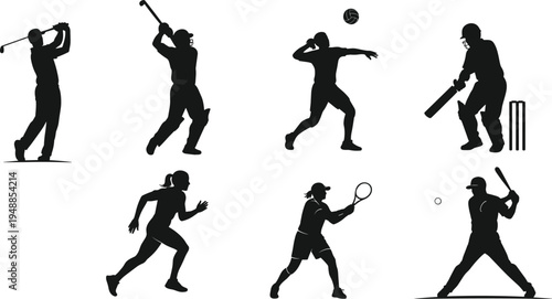 Collection of sports player silhouettes including cricket batting, bowling, fielding, tennis playing and running athlete poses for sport design