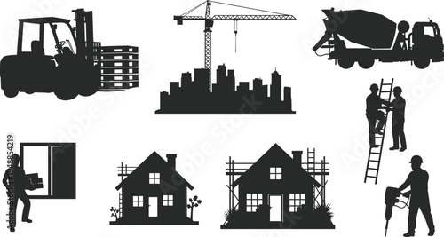 Construction worker and equipment silhouettes with forklift pallets, crane city skyline, cement mixer truck, house scaffolding and ladder workers representing infrastructure 