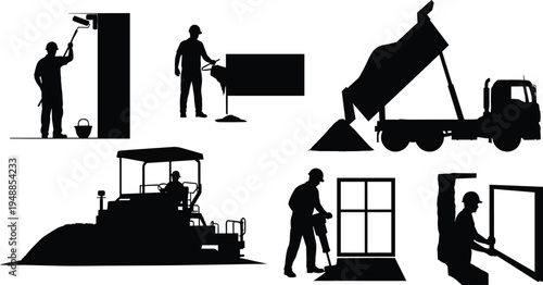 Construction worker and heavy equipment silhouettes including cement mixer, road roller, jackhammer, painter and installer representing industrial building site and infrastructure development concept