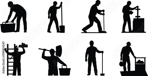 Construction worker silhouette set showing manual labor tools equipment carrying materials digging and industrial work isolated on white background