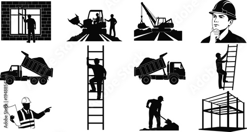 Construction worker and heavy equipment silhouettes including dump truck, crane, ladder worker, engineer and builders representing building development and industrial infrastructure concept