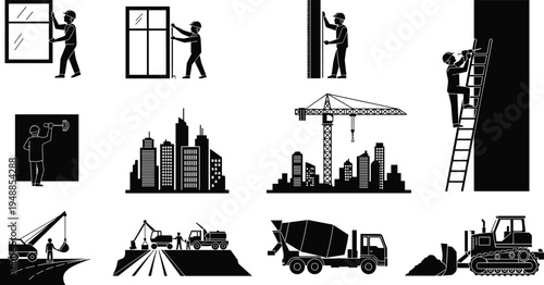 Construction worker silhouettes collection with builders installing windows, ladder worker painting wall, crane, cement mixer truck, excavator machinery 
