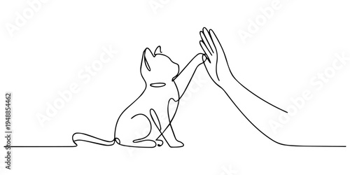 cat giving high five continuous one line drawing, Single one line drawing a man in casual clothes sitting on the floor giving a high five to a cat. Very familiar with beloved pets. National High Five 