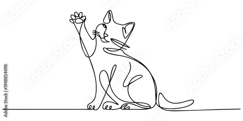 cat giving high five continuous one line drawing, Single one line drawing a man in casual clothes sitting on the floor giving a high five to a cat. Very familiar with beloved pets. National High Five 