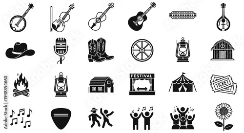 Country Music Festival Icons: A set of black and white icons capturing the essence of a lively country music festival. The collection includes various musical instruments, cowboy attire.