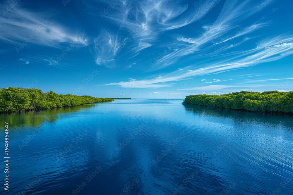 Fototapeta premium Panoramic View of Tranquil Estuary Surrounded by Green Mangroves