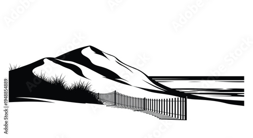 Dramatic coastal landscape with dunes fence and ocean view silhouette