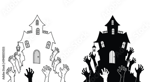 Haunted house with reaching hands and a spooky dark silhouette