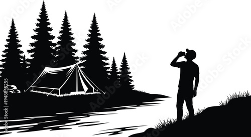 Camping scene with a person drinking by the water silhouette