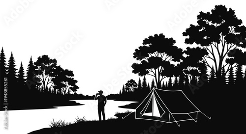 Camping scene with a man and tent by a river silhouette