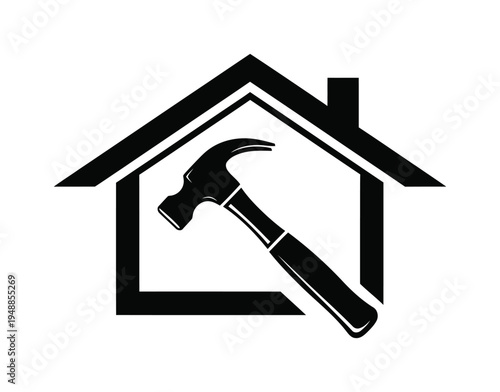 Vector of a black silhouette of a house with a hammer overlapping it