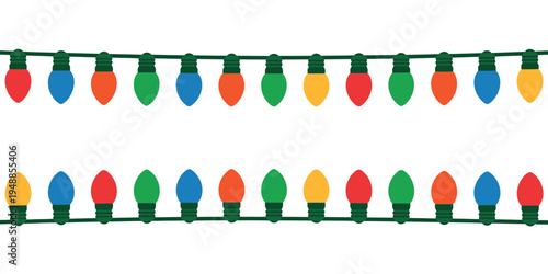 Colorful holiday lights vector illustration, seamless string design, joinable end to end, Christmas and festive decoration, glowing bulbs, party, celebration, winter holiday, decorative lights collect