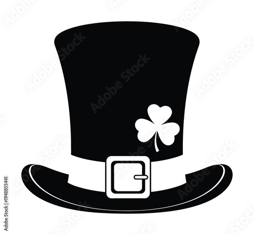 This vector shows a stylish top hat adorned with a shamrock and a buckle around the brim