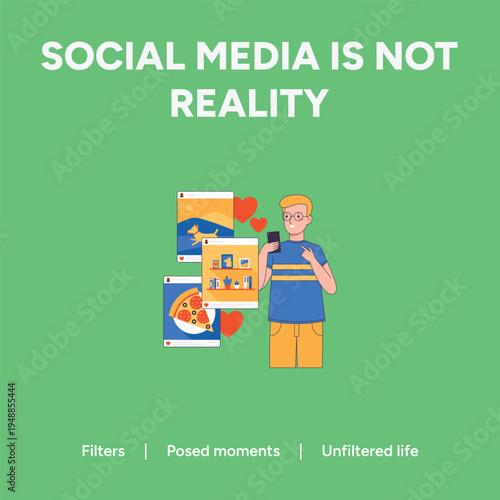 Young man looking at social media posts showing idealized content like food pets and home decor highlighting the saying social media is not reality in this vector illustration design
