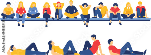 Vector illustration set of diverse people group sitting and lying together in casual poses on white background for community lifestyle and social connection.