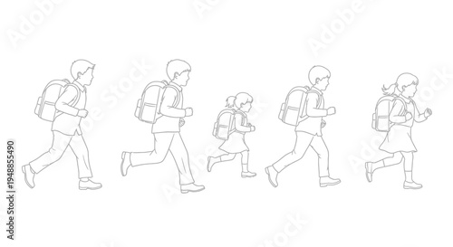 Students walking to school depicted in a minimalist line art silhouette
