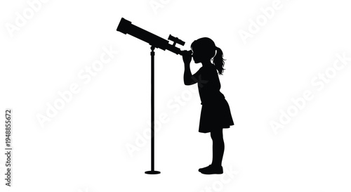Young girl intently gazes through a telescope dark silhouette