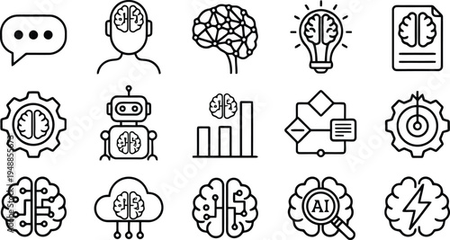 Machine learning and cognitive computing icons featuring human brain and robotic elements
